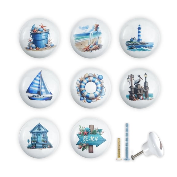 Jamjam 1.5" 8Pack Coastal Cabinet Handles Blue Nautical Sea Starfish Animals Theme Ceramics Nursery Kids Door Decor Drawer Pulls and Knobs