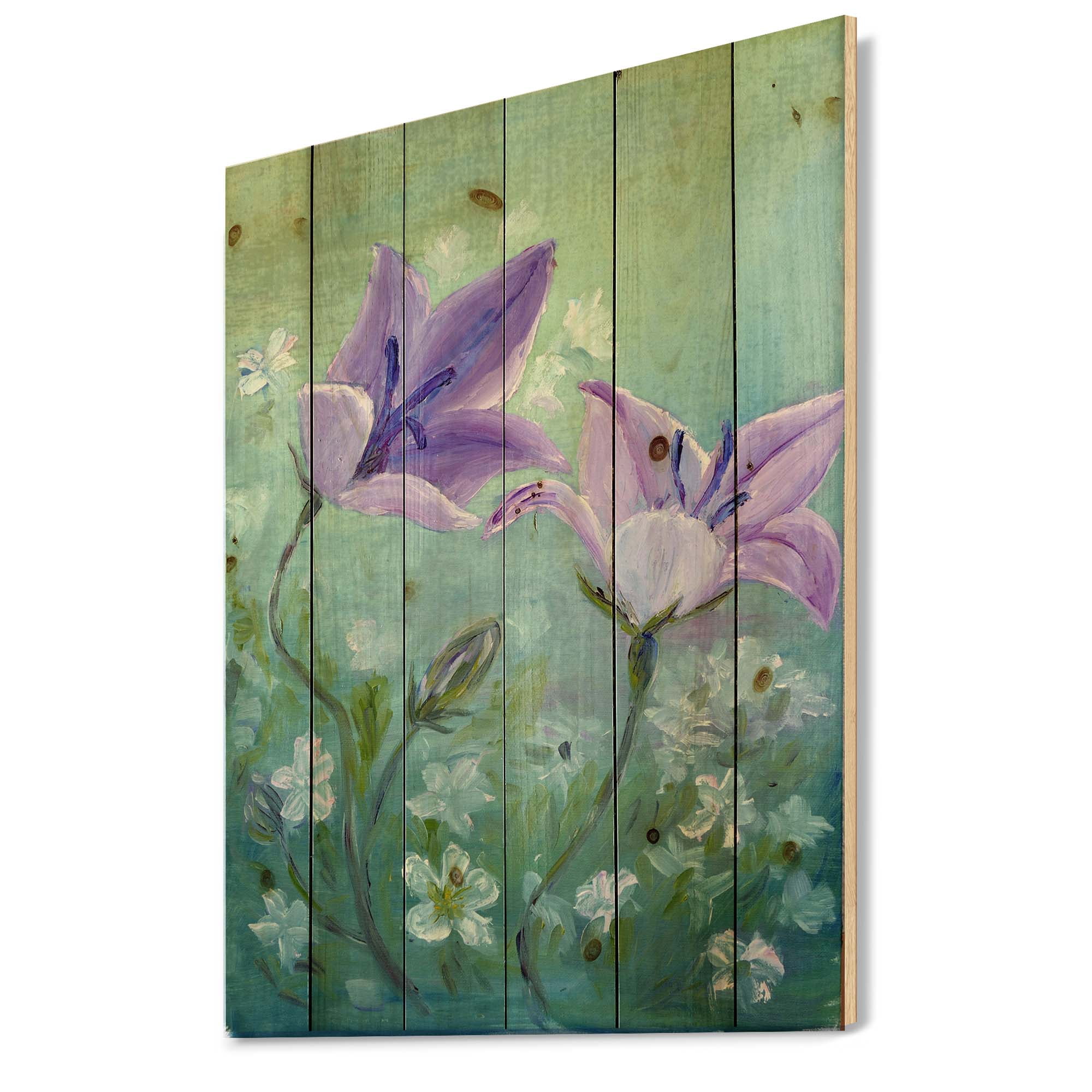 Designart 'Purple Bellflowers Blooming' Traditional Print on Natural Pine Wood