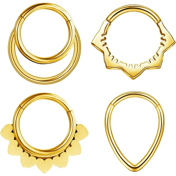 shiyou-4 PCs Septum Ring Surgical Steel Daith Piercing Jewelry Set, Gold Septum Jewelry for Septum Piercing, Septum Clicker Daith Earring, 16G 8mm, 16G-8mm, Stainless Steel, no gemstone