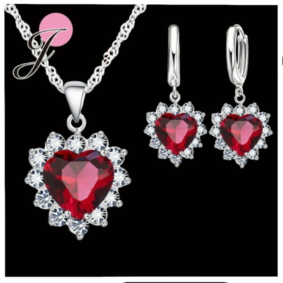 Sterling silver Red Heart-Shaped Necklace and Pendant Jewelry Set, SS-110