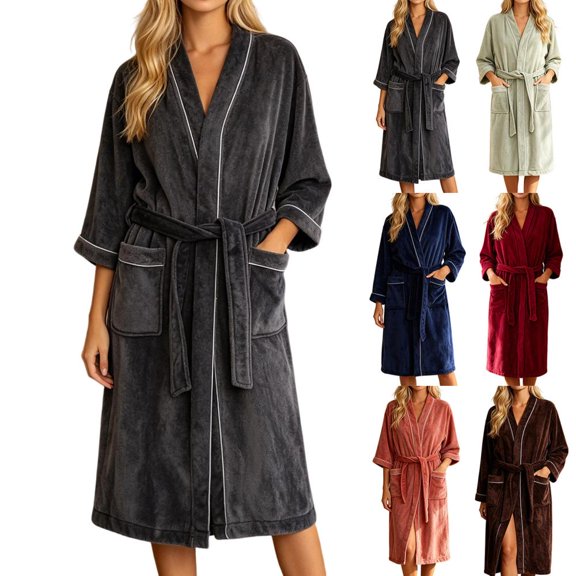 Bxsruta Womens Bathrobe Plush Fleece Sleepwear Soft Long Robe with Pockets and Belt