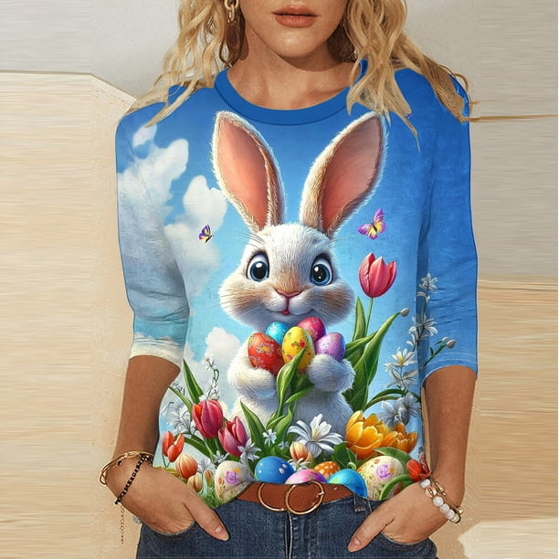 TaTaai Women's Casual Pullover T-Shirt Round Neck 3/4 Sleeve Easter Print Loose Fit Holiday Spring Festival Theme Everyday Wear Gift