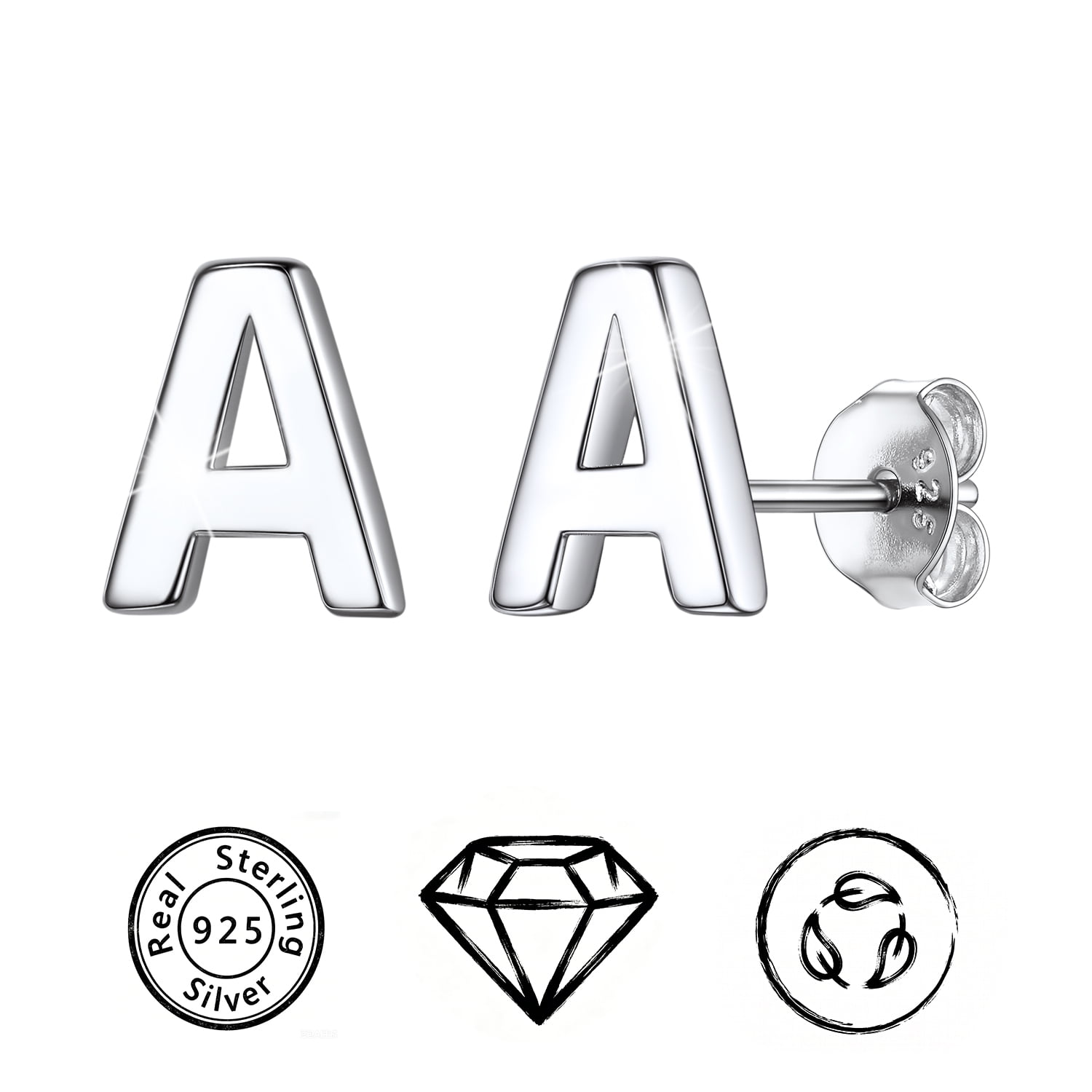 ChicSilver Hypoallergenic 925 Sterling Silver Stud Earrings Simple Tiny Initial Letter A-Z Studs for Women Sensitive Ears