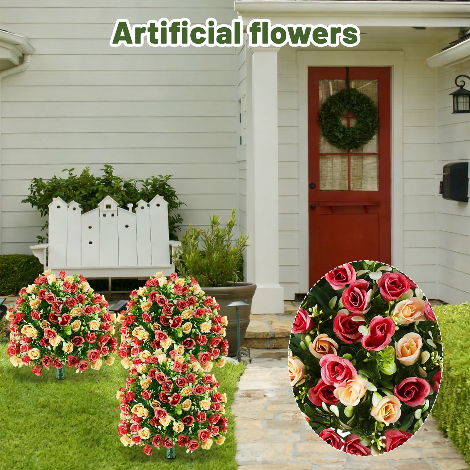 Faux Greenery Shrubs Artificial Rose Topiary Ball Bush Fake Plants Artificial Flower Shrubs for Patio Outdoor Pots Orange
