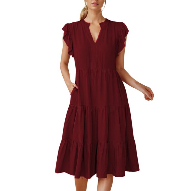 Robe Midi à Manches à Volants Col en V pour Femmes Été 2024 - Robe Fluide en Polyester Boho pour Vacances à la Plage