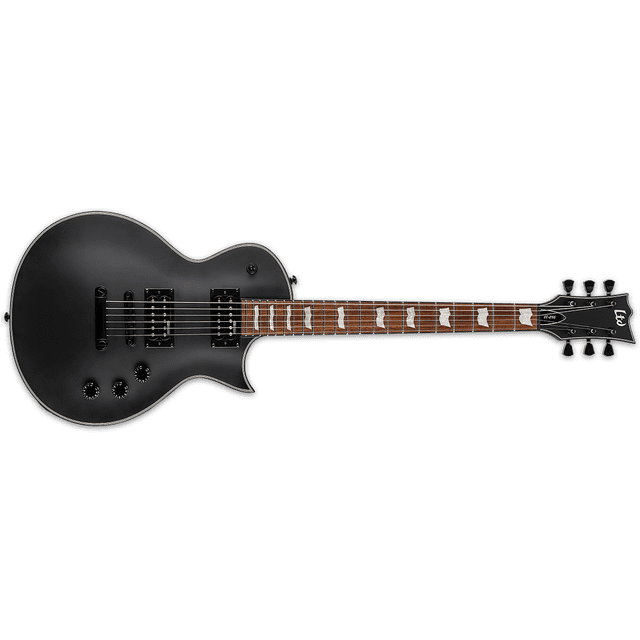 guitarra ec-256 black satin esp ltd eclipse vista frontal centrada de guitarra eléctrica de cuerpo sólido color negro mate; cuerpo de caoba con unión visible, mástil de caoba en forma de U de tres piezas y diapasón de jatoba tostado con 22 trastes extra-jumbo e incrustaciones de bandera; dos pastillas humbucker LH-150 diseñadas por ESP, puente fijo, perilla de tono con función push-pull para división de bobina y controles de volumen/tono negros; clavijero con logo ESP. A menudo usada también para práctica y viajes por su tamaño compacto.