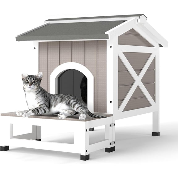 Cat House with Dual Escape Doors,Fir Wood Feral Cat Shelter for 1-2 Cats with Large Balcony,Weatherproof Feral Cat Enclosure with Elevated Floor|Openable Roof for Indoor Outdoor,Grey