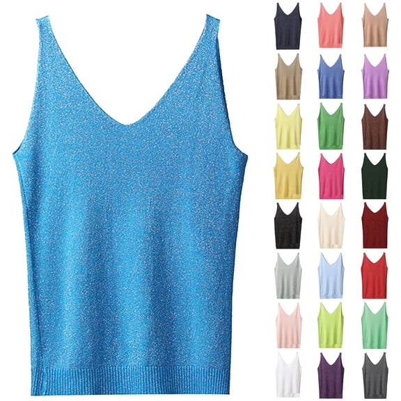 Womens Solid Color V Neck Sequin Camisole Sparkling Evening Wear Basic Top