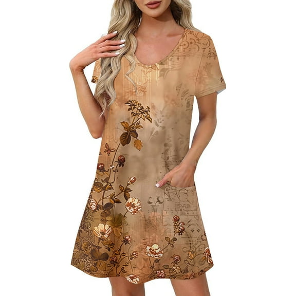 Yotami Vacation Dress for Women Floral Print Summer Midi Dress with Pocket V-Neck Short Sleeve Boho Dress for Casual