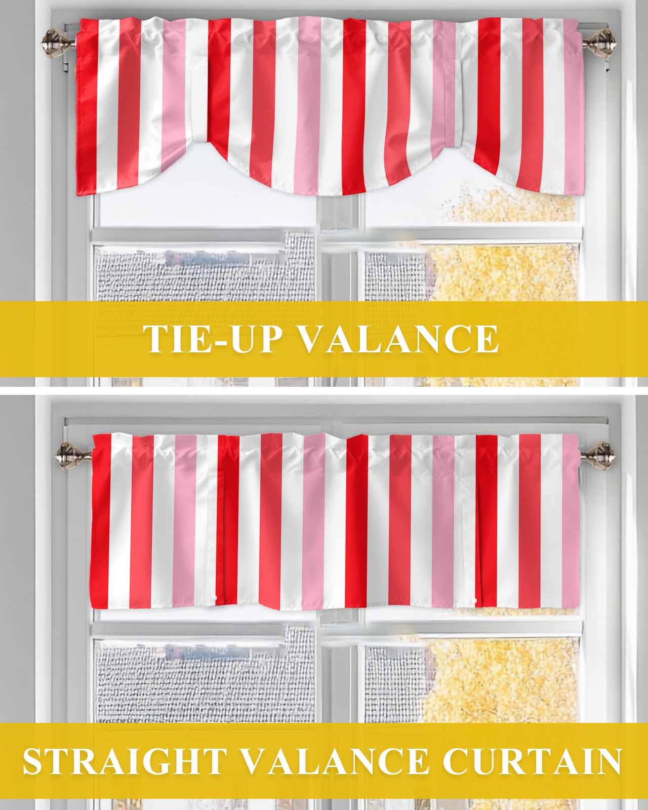 Red Pink Ombre Stripes Tie Up Valances Curtain, Adjustable Kitchen Minimalist Abstract Vertical Striped Valances for Windows Decor, Rod Pocket Short Curtains Set for Bedroom/Bathroom, 54"x18"