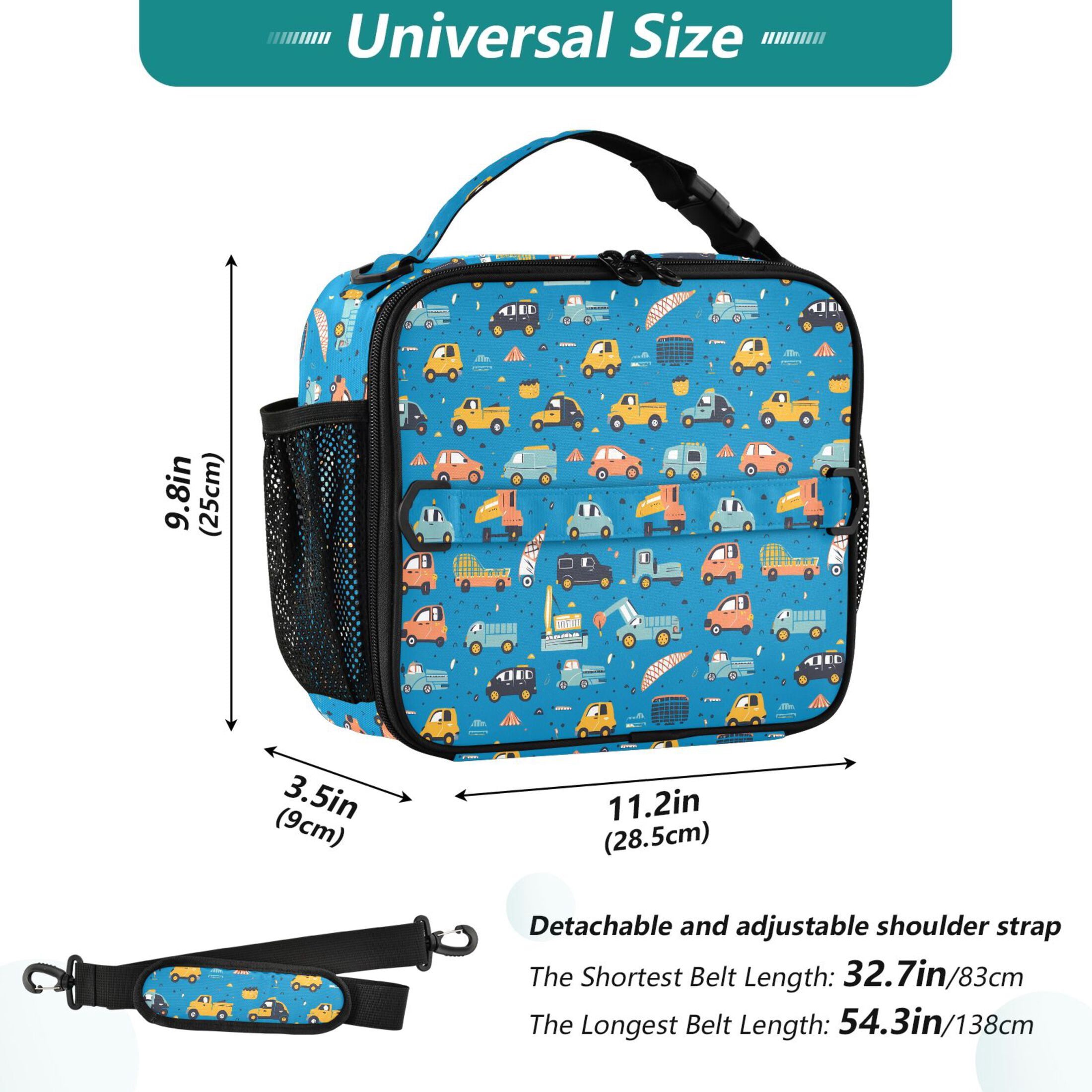 ALAZA Cartoon Trucks Cars on Blue Lunch Box Insulated Lunch Bag Cooler Tote with Shoulder Strap