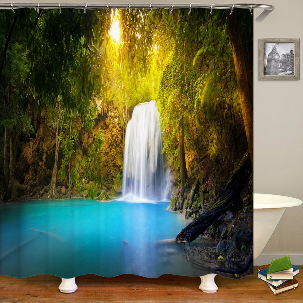 3d Printed Waterfall Forest Scenery Shower Curtain Polyester Fabric Waterproof Bathroom Curtain