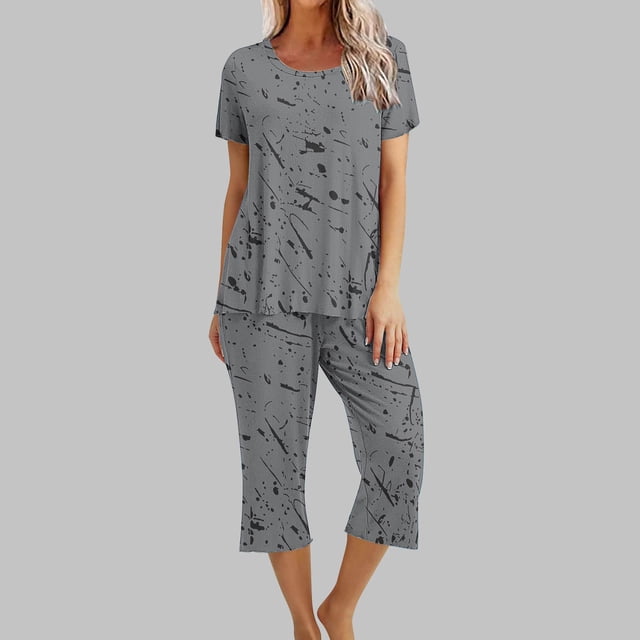 Économies d'Été Liquidation Iumwxz Pyjamas Décontractés Fluides Tenues Grande Taille Tenues d'Été Mode Graphique Col Rond Manches Courtes Taille Élastique Pantalons Raccourcis Ensembles Assortis pour Fête Dames