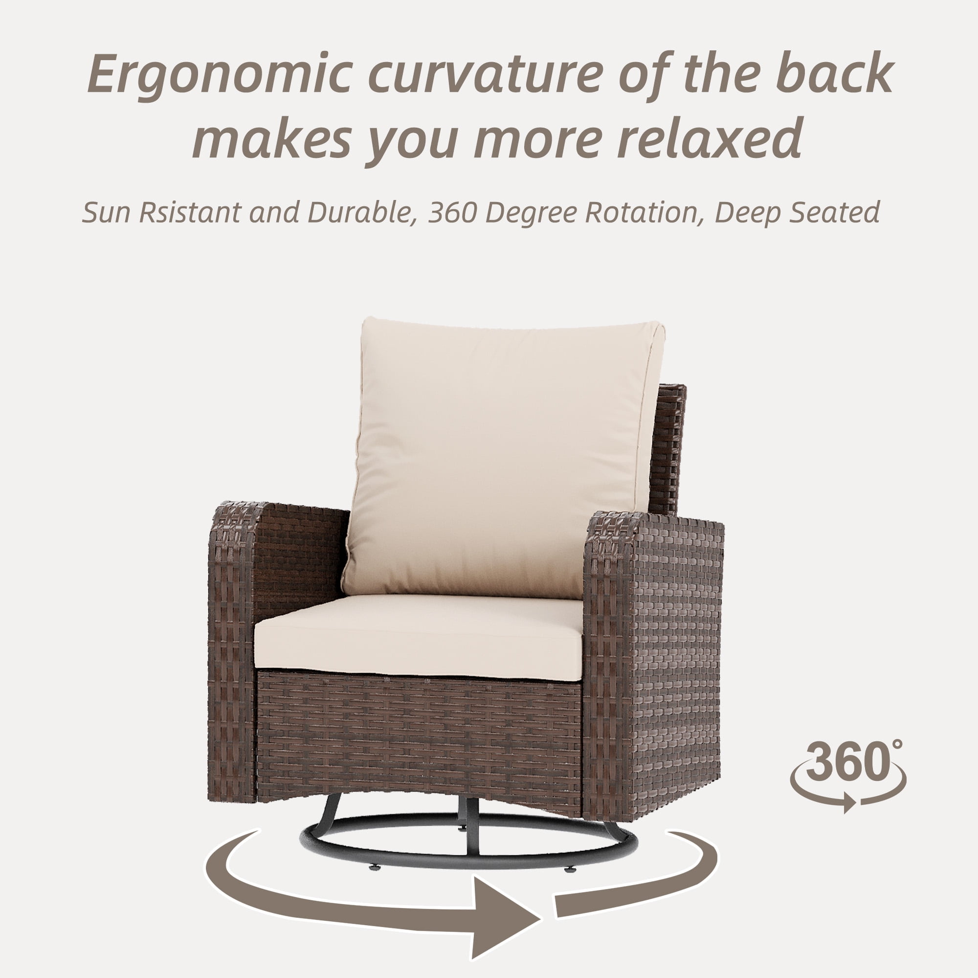Homrest 6 Piece Patio Conversation Sets with Sofa Couch, Rattan Wicker Swivel Chairs with 2 Ottoman, Coffee Table & Cushions, Outdoor Furniture Sets for Garden, Poolside, Backyard (Khaki)