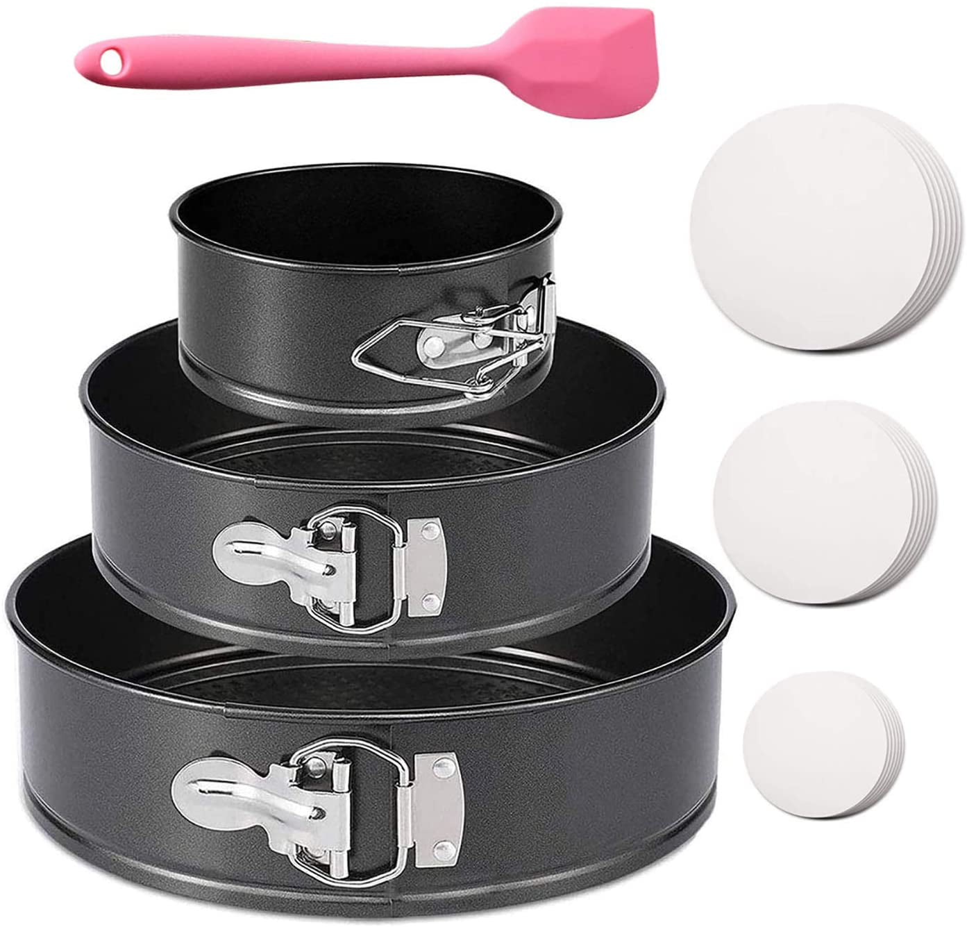 3Pcs Springform Pan set Non-stick Leakproof 4/7/9 Cake Pan Detachable Bakeware Leakproof Round Baking Pans with Parchment Paper Liners and Silicone Spatula for Baker and Baking Enthusiast
