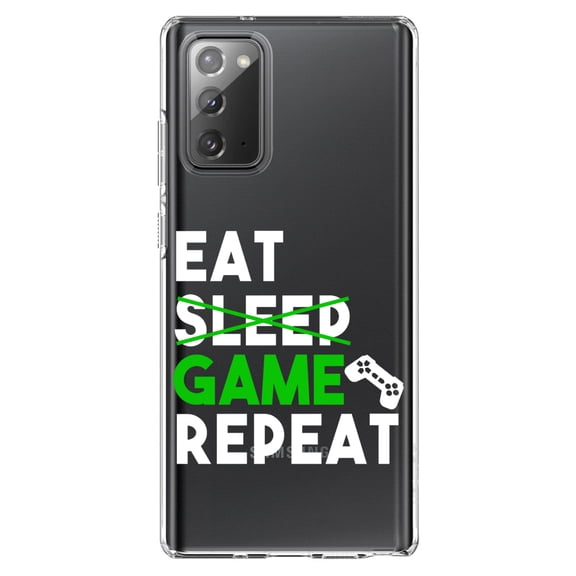 DistinctInk Clear Shockproof Hybrid Case for Samsung Galaxy Note 20 (6.7" Screen) - TPU Bumper Acrylic Back Tempered Glass Screen Protector - Eat Game Repeat - Video Games Gamer