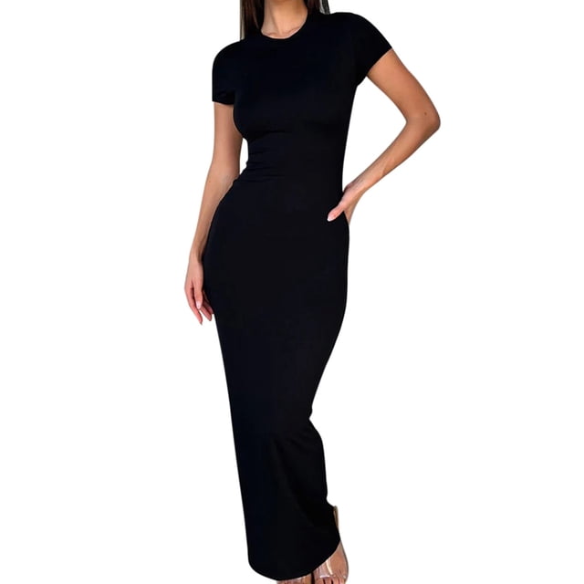 Kcodviy Robe Midi pour Femme de Printemps et d'Été, Robe en Tricot à Col Rond de Couleur Unie, Manches Courtes, Style Élégant, Coupe Ajustée, Robe Décontractée d'Été pour Femme