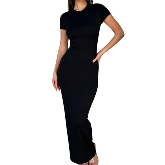 Women's Spring Summer Solid Color Round Neck Short Sleeve Slim Fit Dress - Polyester Fabric, Versatile for Office & Dating