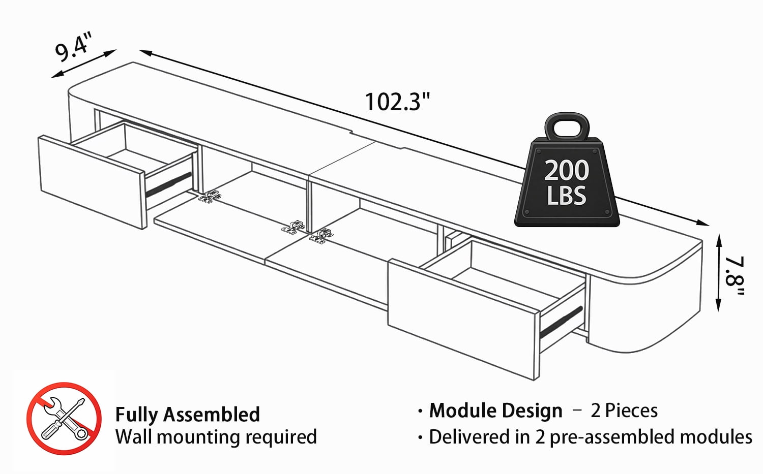 Modern Floating TV Unit with LED Lighting | Wall-Mounted Entertainment Media Console | Large Storage TV Bench for Living Room & Office (Khaki, 102.3'')