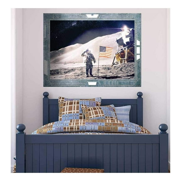wall26 - Science Fiction ViewPort - Decal - Landing on The Moon - US Astronaut - American Flag - Wall Mural, Removable Sticker, Home Decor - 24x32 inches