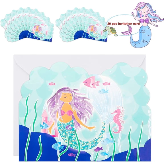 20 Pcs Mermaid Themed Childrens Kids Boy Girl Birthday Party Invitations Pack