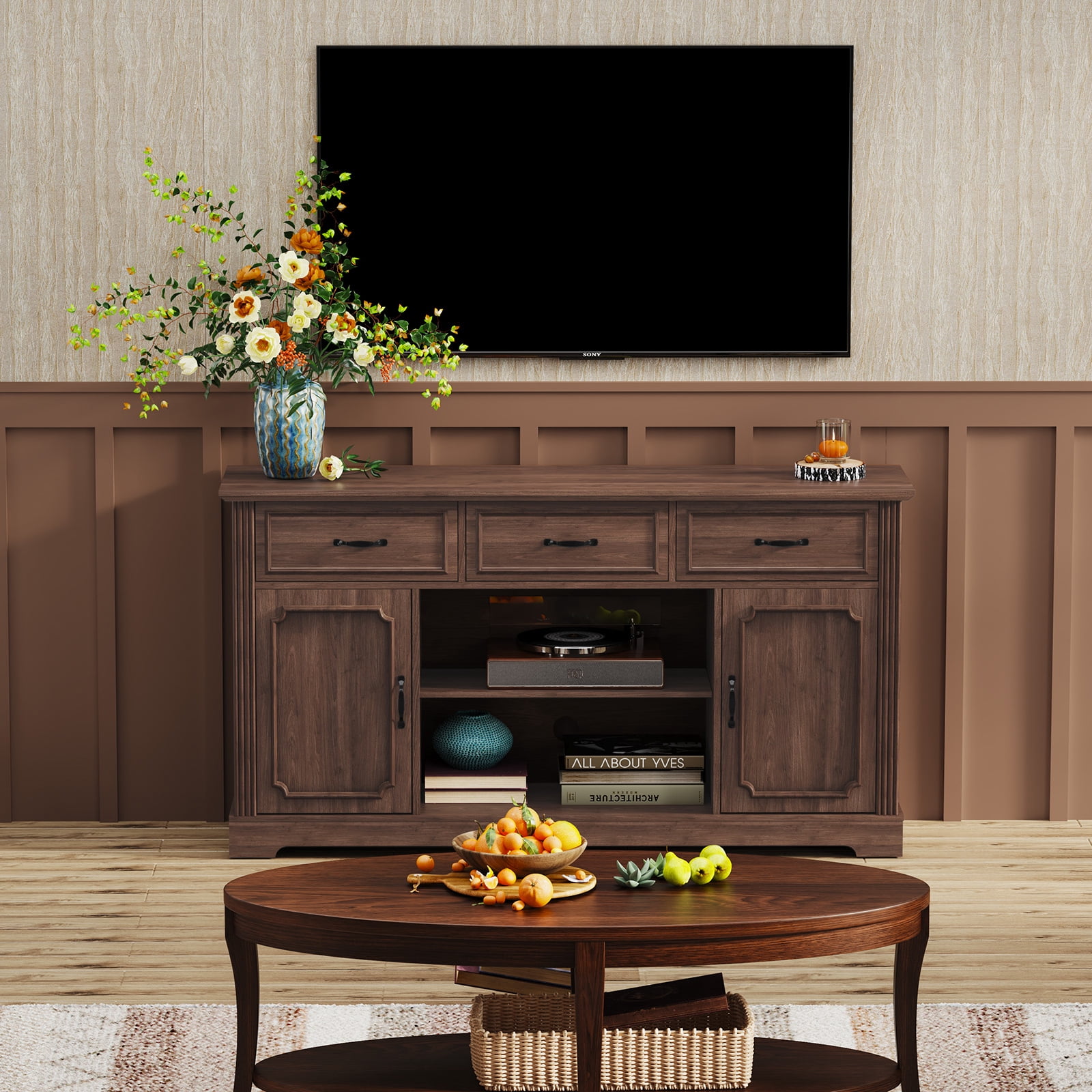 HLR Mid Century 60" TV Stand for TV up to 65", Entertainment Center with Drawers Storage for Living Room, Brown