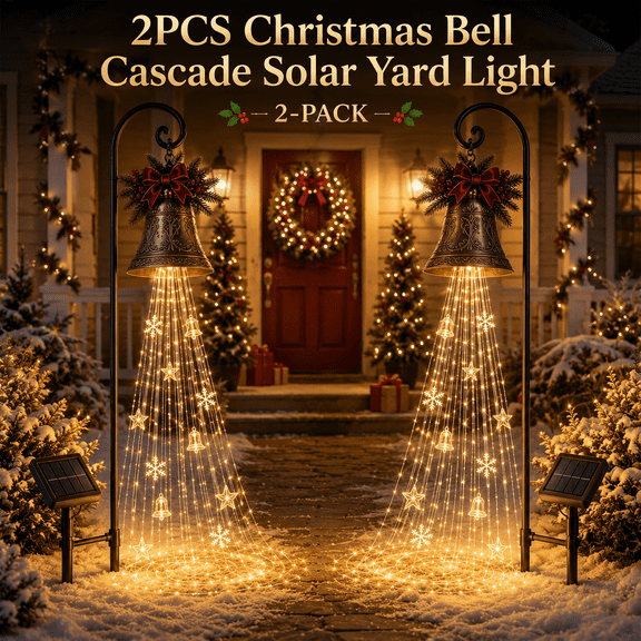 2pcs Christmas Bell Cascade Solar Yard Light for Christmas Yard Decor, Cascading Outdoor Holiday Decoration with Warm LED Glow, Waterproof Hanging Garden Light for Lawn, Patio, Pathway and Tree