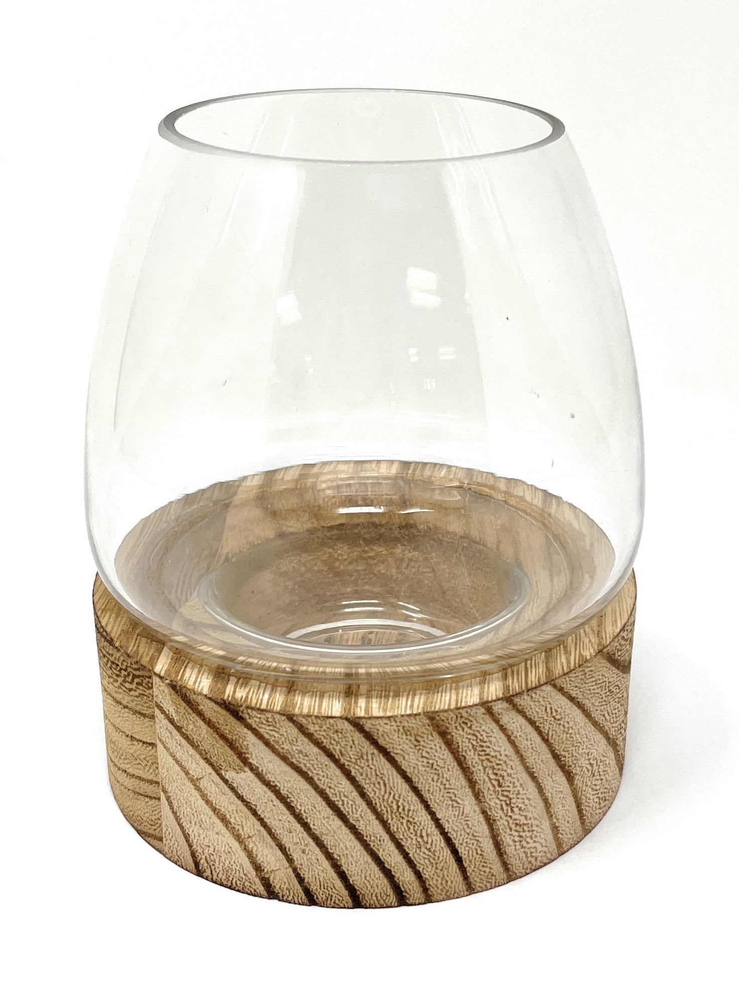 Mainstays 5.9" H Shaped Glass Container with Brown Wood Base (5.5"H x 4.7"W x 4.7"D)