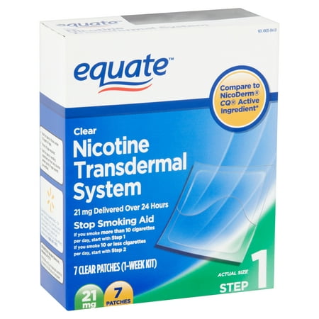 Equate Nicotine Transdermal System Clear Patches, 21 mg, Step 1, 7