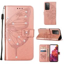 Dteck For Samsung Galaxy S21 Ultra 360 Protection Case,Shockproof TPU Luxury Diamond Embossed Butterfly PU Leather Flip Wallet Stand Cover w/ Hand Strap.For Samsung Galaxy S21 Ultra,Rosegold