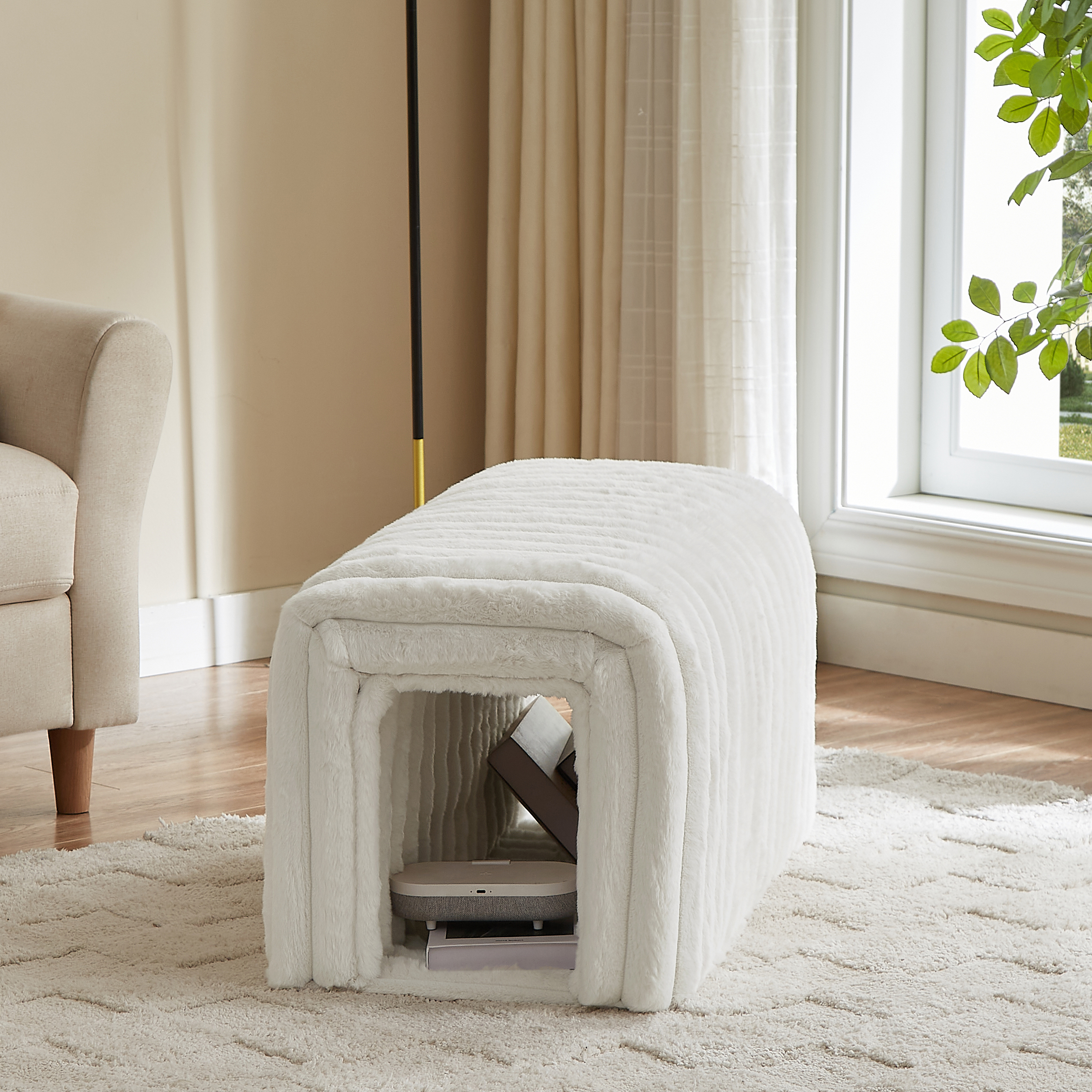 Aukfa Corduroy Storage Ottoman Bench, Upholstered Bench Cat House for Living Room/Entryway - Beige