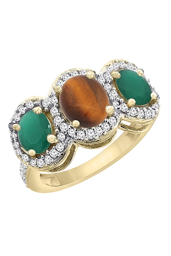 14K Yellow Gold Natural Tiger Eye & Emerald 3-Stone Ring Oval Diamond Accent, size 5