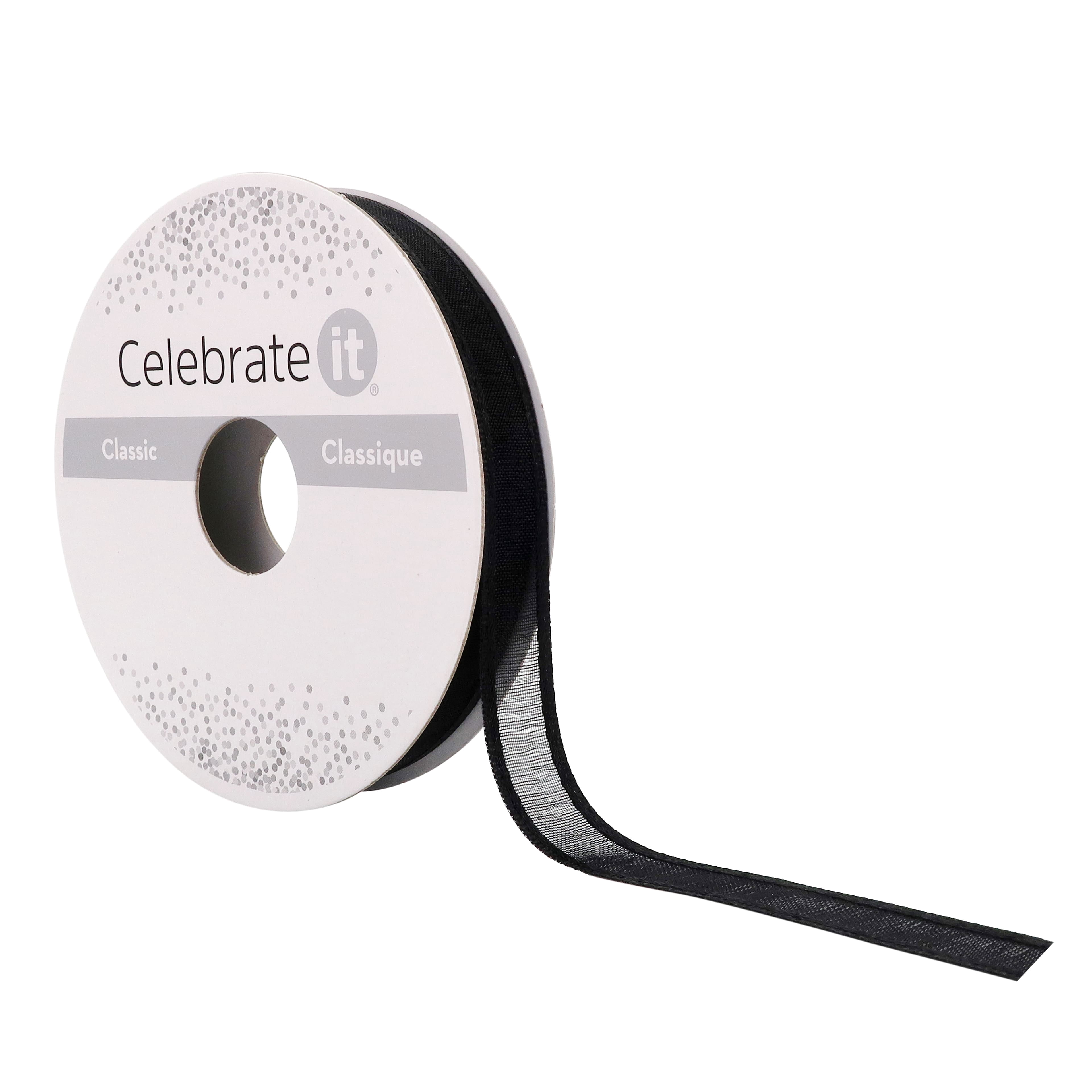 3/8" x 5yd. Black Sheer Satin Edge Ribbon by Celebrate It – Non-Wired with Woven Selvage - Nylon - Ideal for Gift Wrapping - Baskets & Crafts - 24 Pack