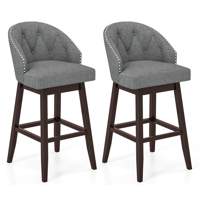 Costway 31" Bar Stools Set of 2 with Rubber Wood Frame Swivel Seat Footrest & Rivet