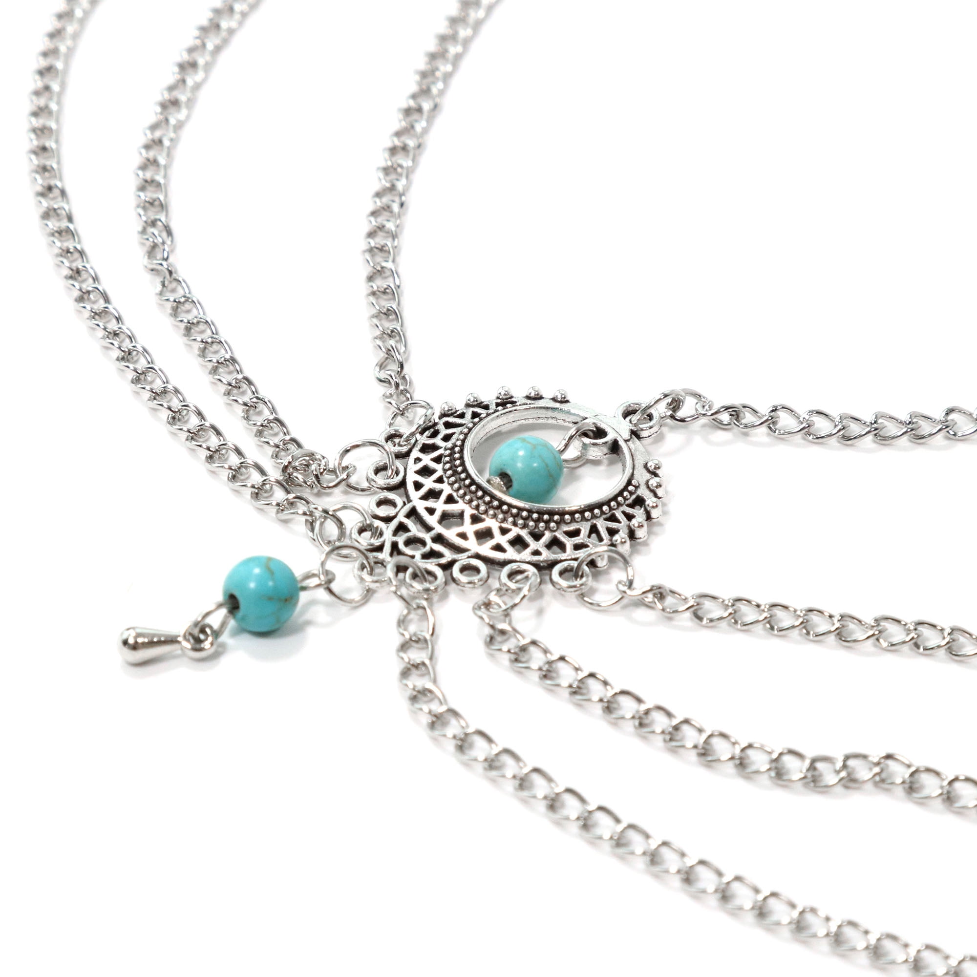 Unique Bargains Headpiece Multi-layered Turquoise Head Chain Silver Tone 1 Pc