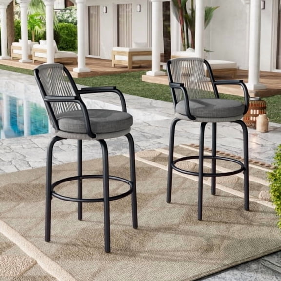 Outdoor Patio Bar Stools 29"H Set of 2, Modern Woven Rattan Rope Bar Height Chair with Back and Arm for Kitchen Pool Island, Patio Garden, Black / Gray