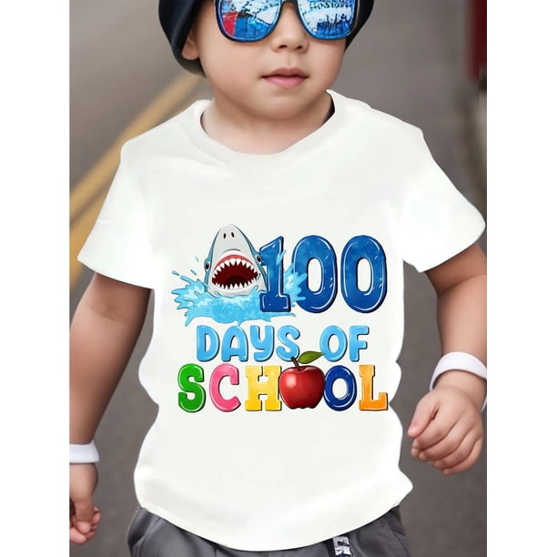 Back to School Season 100 DaYS oF SCHooL Shark Print Pattern Boys and Girls Youngsters's Top Short Sleeve T-shirt Spring, Summer and autumn Casual Boy Youngsters's T-shirt Casual Style