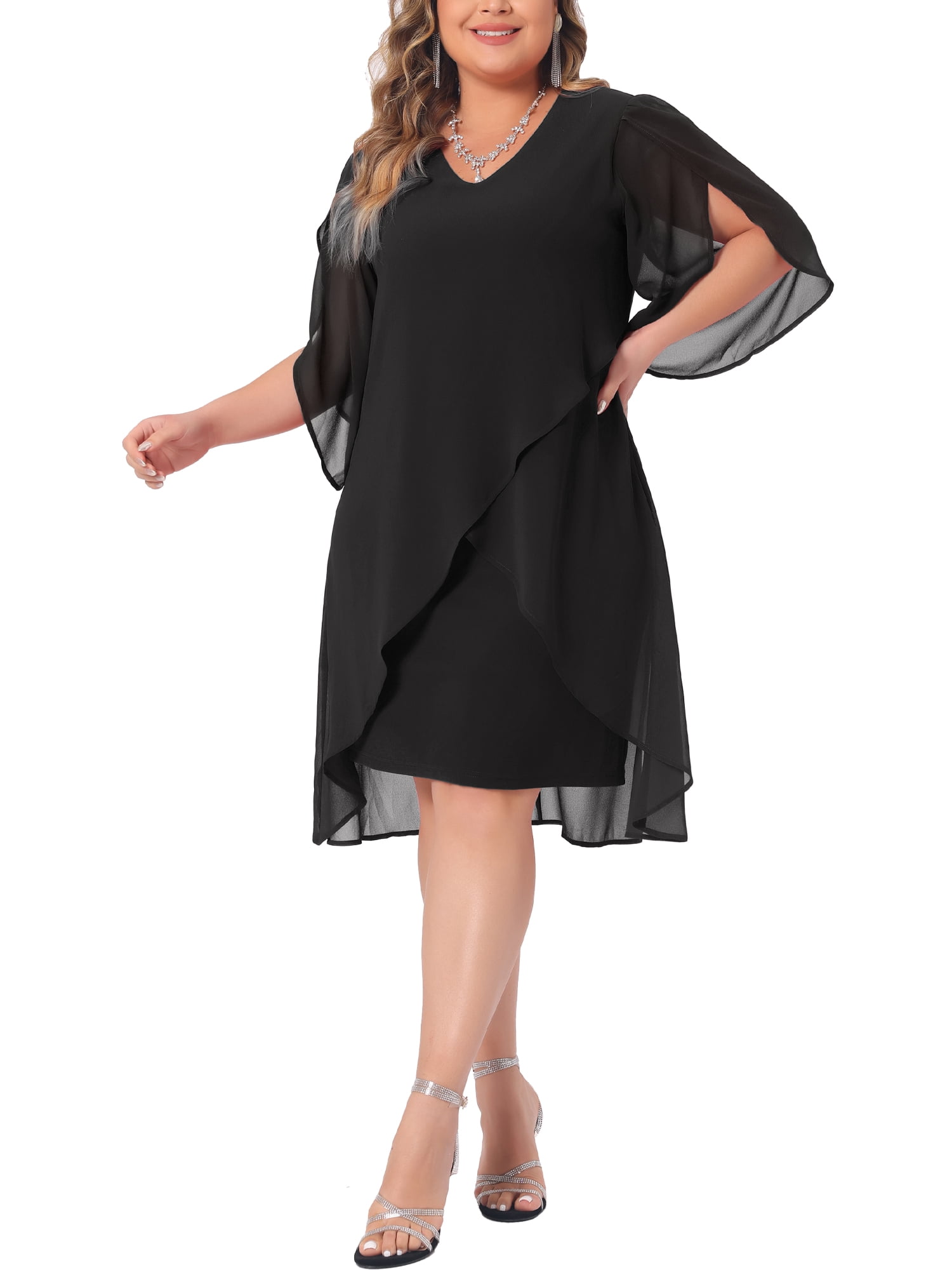 DARING DIVA Women's Plus Size Chiffon Cocktail Mesh Overlay Short Dress 4X Black