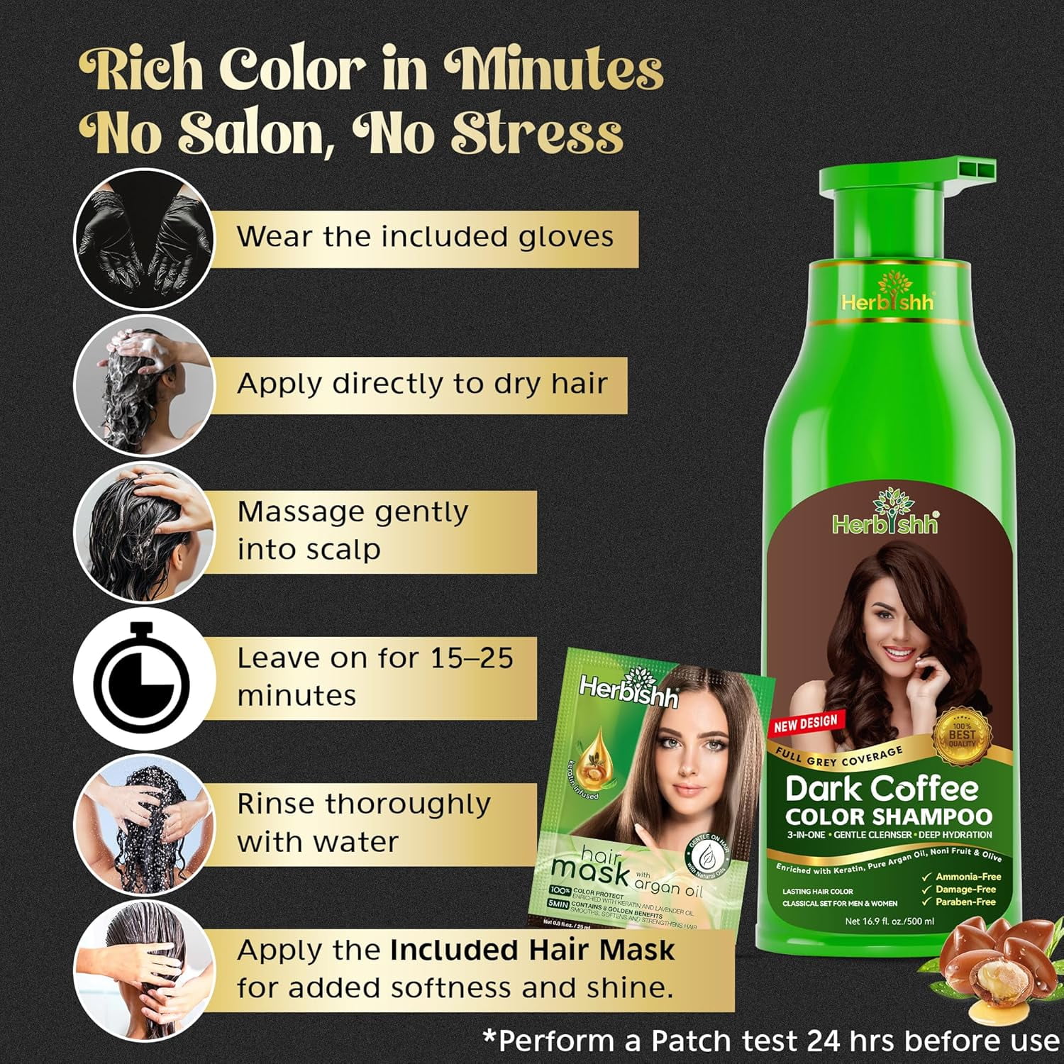 Herbishh Hair Color Shampoo - Magic Dye for Gray Hair, Lasting Color in Minutes - 1000 Ml, 3-In-1, Ammonia-Free (Dark Coffee)