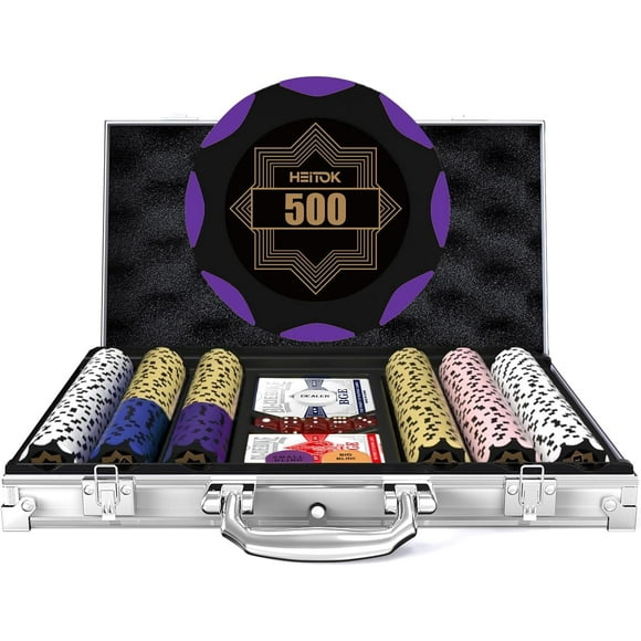 HEITOK 300PCS Texas Hold’em Poker Chip Set with Aluminum Carrying Case, 14g Professional Poker Chips, Playing Cards & Dice Included