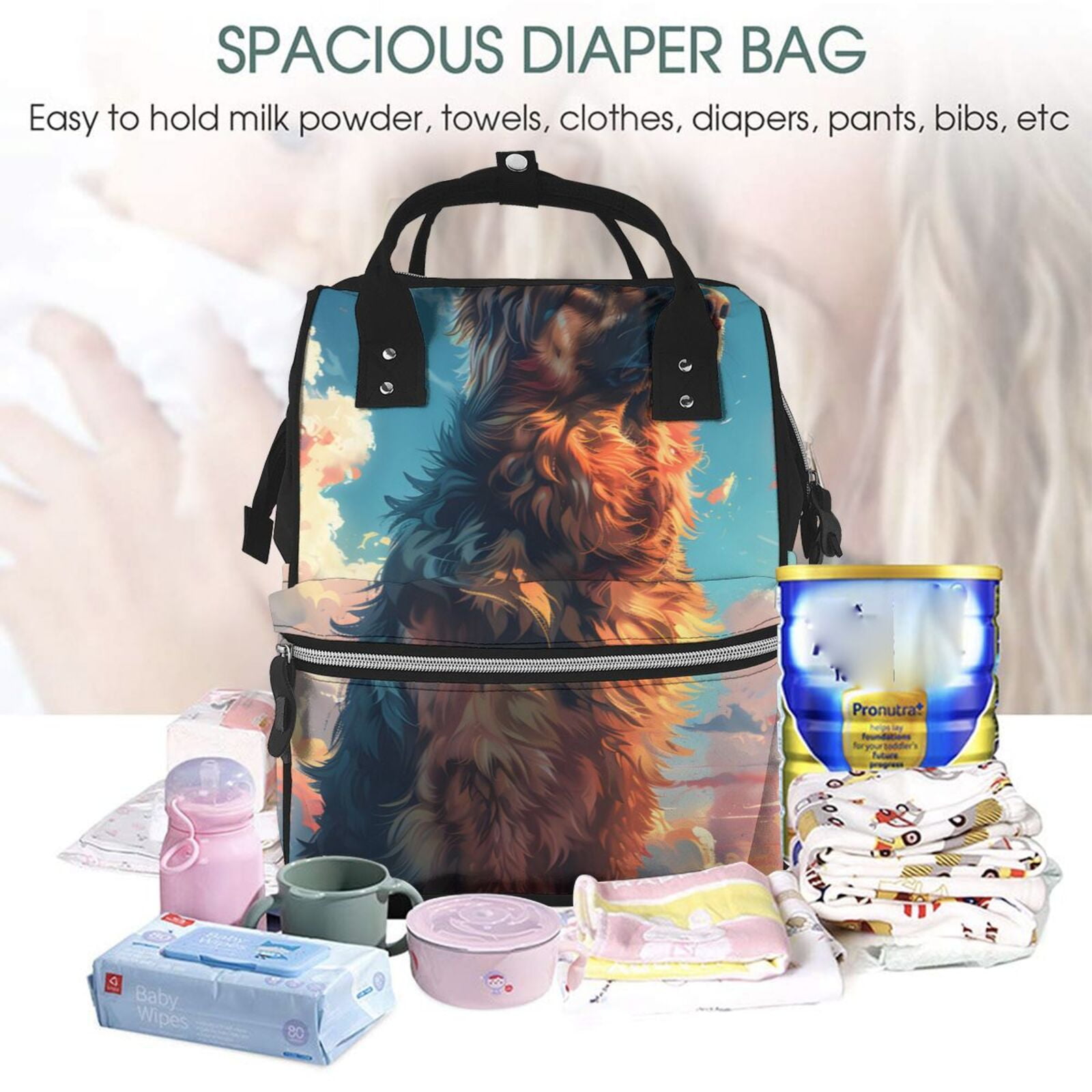 Fuzoiu Colorful Cloud Shepherd Dog Print Diaper Bag Backpack,Baby Essentials Travel Tote,Multi function Waterproof Diaper Bag, Travel Essentials Baby Bag - Unisex