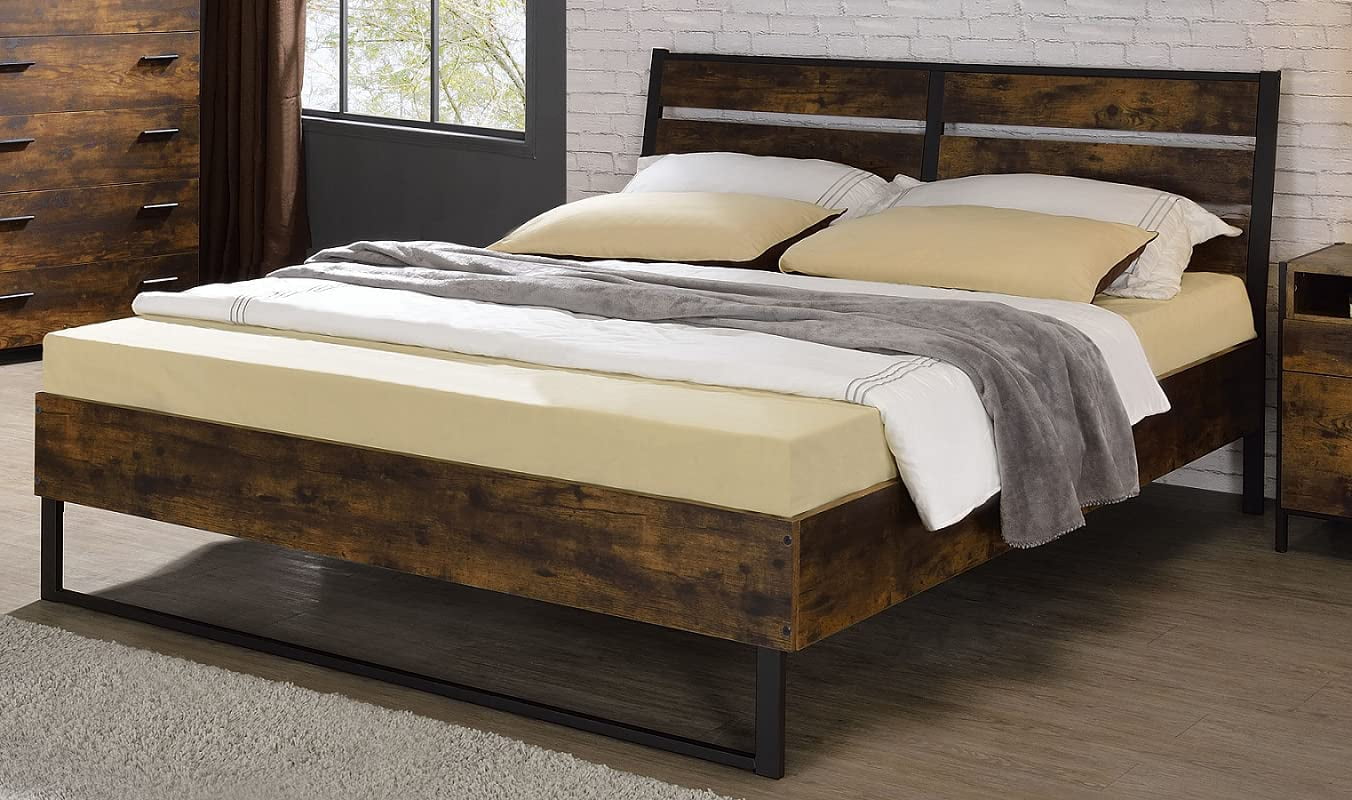Juvanth Industrial Style Wood Queen Panel Bed Frame with Metal Slats