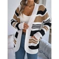 thumbnail image 3 of Women'S Color Block Striped Cardigan Sweater Casual Fall Winter Open Front Knit Cardigan Sweaters with Pockets Khaki L, 3 of 8