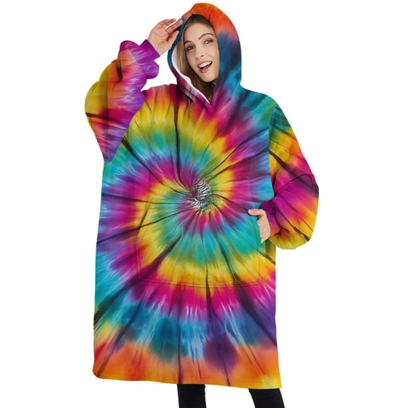 Oversized Wearable Blanket Hoodie,Colorful Rainbow Tie Dye Spiral Pattern Sherpa Blanket Hoodie with Super Pockets,Super Warm Fuzzy Pullover for Women & Men