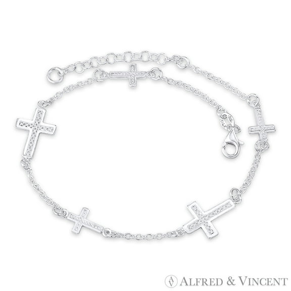 15x11mm & 10x8mm Latin Cross w/ 1.7mm Cable Chain Italian Charm Anklet in .925 Sterling Silver