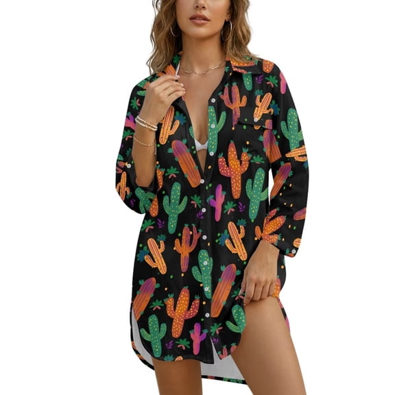Xoenoiee Cactus Leaves Print Womens Swimsuit Coverup Button Up Swim Cover Ups for Swimwear Women Shirt Bathing Suit Cover Up Beach Coverups, S