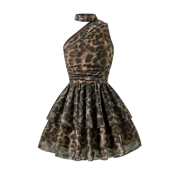 WOYY Girl Leopard Print Sleeveless Dress One Shoulder Tiered Party Swing Dress, Sizes 7-12
