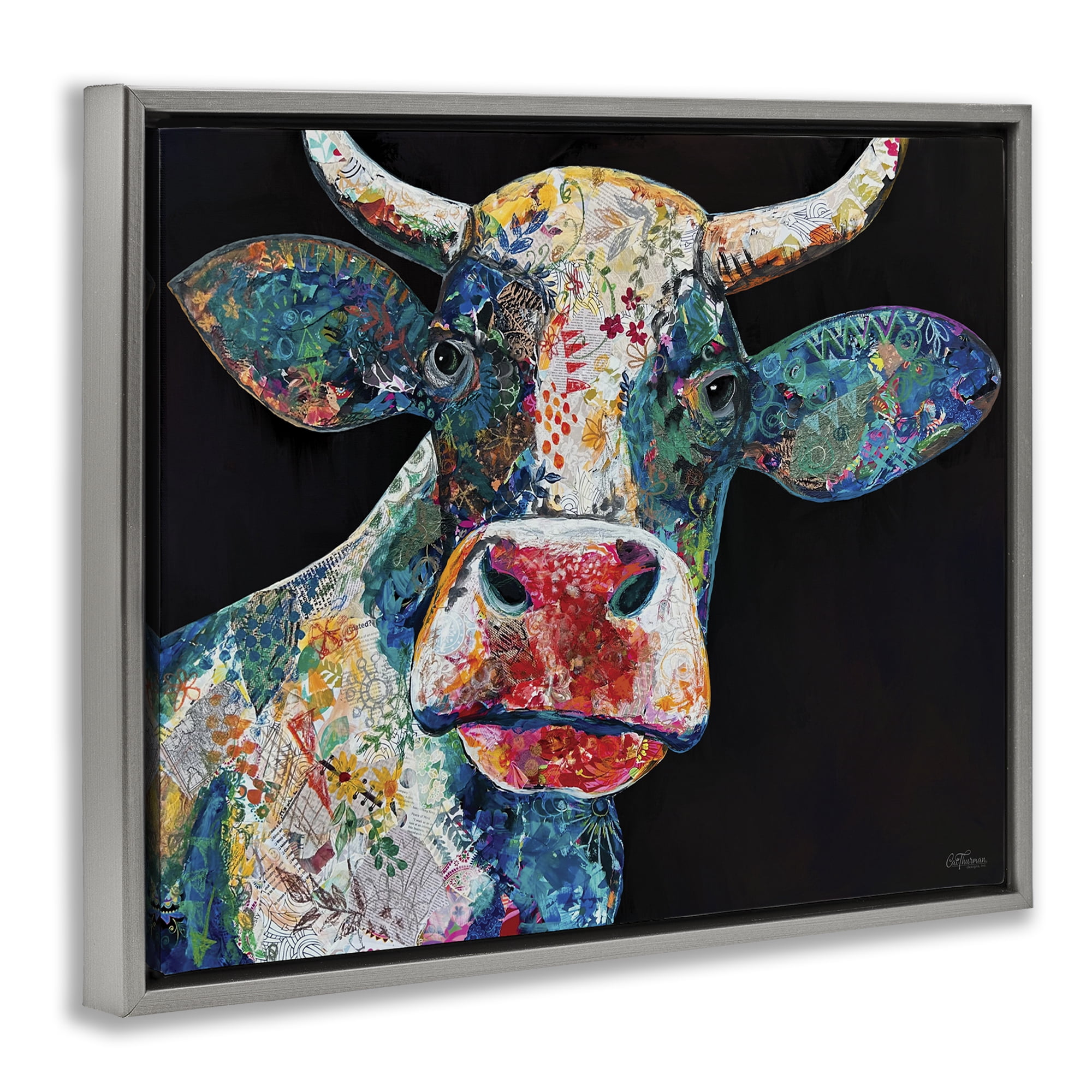 Stupell Industries Paisley Pattern Cow Animals & Insects Painting Gray Floater Framed Canvas Art Print Wall Art, 31 x 25