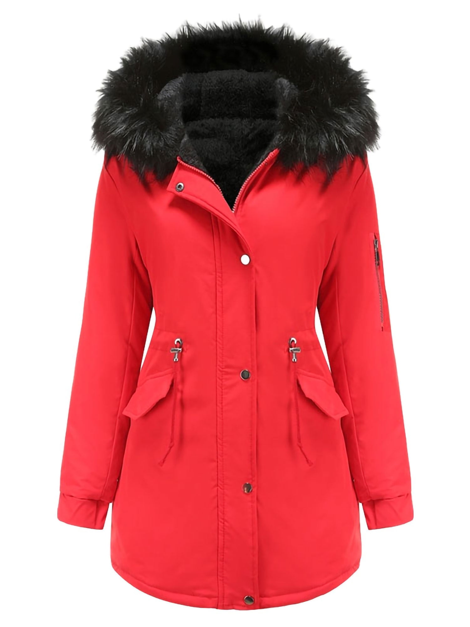 Mid-length Jacket with Hooded for Elegant Lady Fur or Faux Fur Zip Pockets Drawstring belt Softshell Outerwear Trench Winter Overcoat Windproof Parka Coat for Women