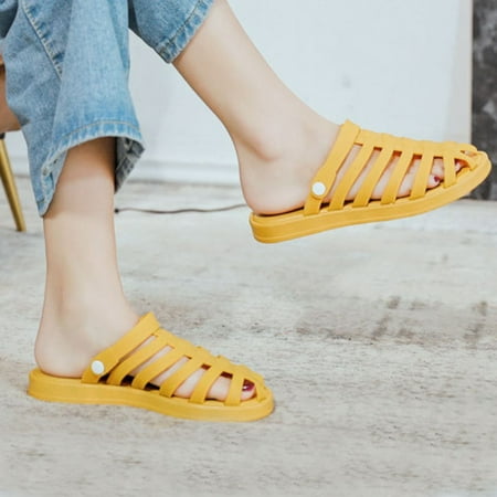 

PEASKJP Cute Sandals for Women Women Summer New Solid Open Toe Soft Sole Lightweight Beach Slippers Thong Strappy Summer Shoes Yellow 7.50